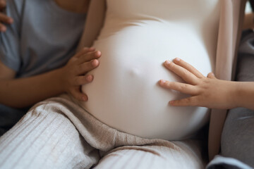 Beautiful pregnant woman with her sons. High quality photo