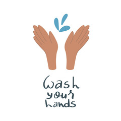 Obraz premium Vector illustration of a hand with the inscription Wash your hands in a cartoon hand-drawn style for printing. Pandemic protection concept. Isolated on white