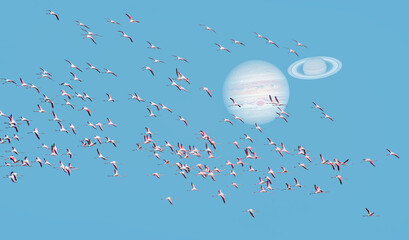 Greater Flamingos in the blue sky with Jupiter-Saturn Convergence That Happens Every 20 Years...
