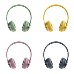 Green, yellow, pink and blue wireless design headphones on an isolated white background, fashion item, trendy fresh colors, technology, product photo, fashion accessories