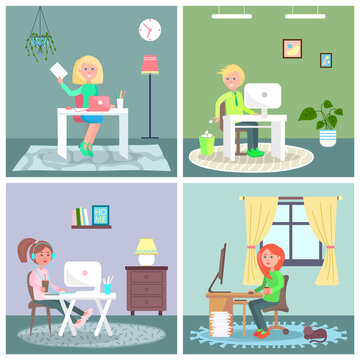 Cute girl and boy sitting at a table with laptop computer in cozy room in apartment set, schoolchildren study at home. Young woman working at home. Daily life of freelance worker, student education