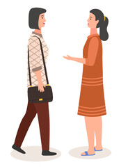 Speaking woman flat illustration. Two women met and stand talking. Girlfriends saw each other and discuss events, tell about what happened. Happy smiling female characters has a conversation