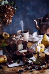 Chocolate loaf cake with pears.style vintage
