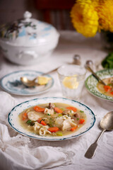Warsaw pierogi soup.. Traditional Polish dish..style rustic.