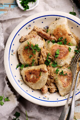 Farmer sausage sauekraut with perogies Traditional Polish dish..style rustic.