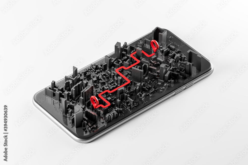 Poster realistic screen smartphone with an open three-dimensional map of the city and a red geotagged. the 