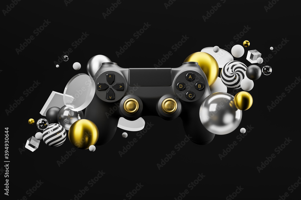 Poster black standard game joystick, gamepad, controller on a dark background with abstract geometric shape
