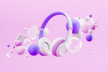 White headphones on a pink background with abstract geometric shapes. Advertising or presentation concept. 3d rendering