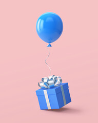 Blue gift box with silver ribbon and balloon isolated on pink. Clipping path included