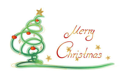 Dekorativer Weihnachtsbaum mit Christbaumschmuck und Text Merry Christmas auf weißem Hintergrund.