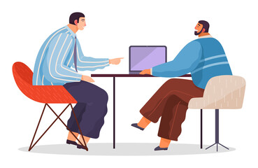 Working space, businessmen sitting at desk with laptop engaged in project management. Business partners meeting or working process. Male characters talking, communicating. Discussing cooperation