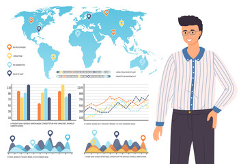 Economical geography. Vector world map and infographics design template and a man scientist or analyst. Speech by a specialist with a report on major global indicators with marks on the continents