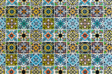 Vintage tiles intricate details for a decorative look. Ceramic paint floor, ornament Collection Patchwork Pattern Colorful  background. Geometric decoration.