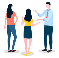 Obraz premium Office meeting concept. People discussing about plan to increase sales and new business ideas, how to attract customers. Colleagues wearing formally standinng indoor talking, communicating, consulting