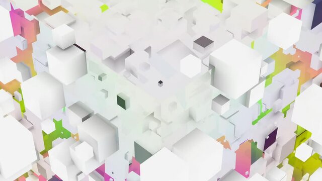 Geometric volumetric shapes. White cubes and colored planes rotate. Seamless loop.