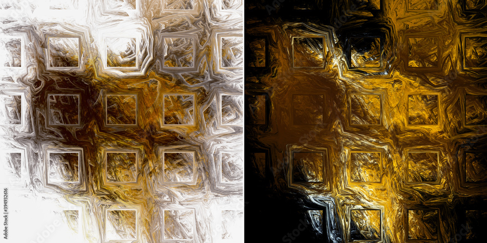 Poster liquid gold is poured into a checkered form against white and black backgrounds. set of abstract fra