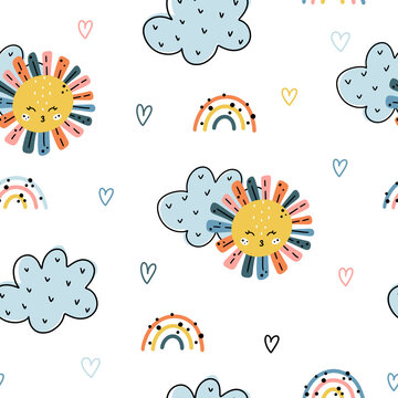 Cute colorful nursery seamless pattern with sun, clouds, rainbows and heart shaped elements isolated on white background. Hand drawn vector illustration in Scandinavian style.