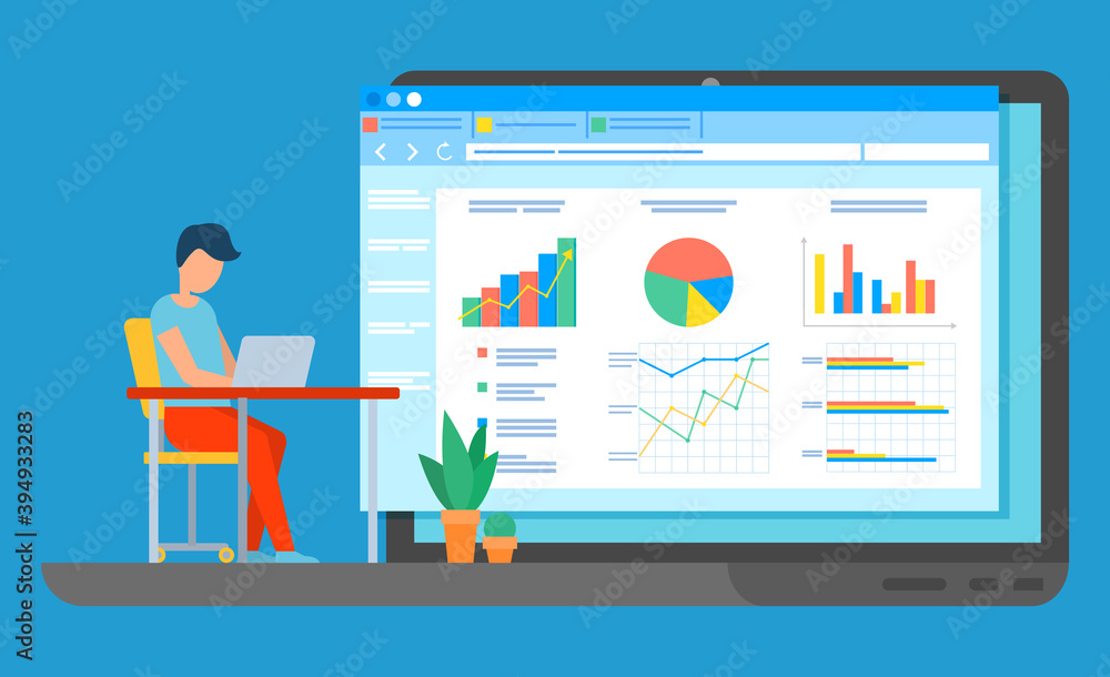 Aufkleber project management and financial report strategy. man office worker sitting at a table with laptop n