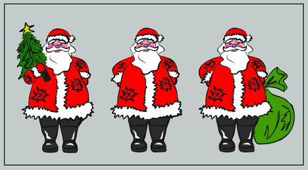 Fototapeta premium New Year Christmas. Winter holidays. Santa Claus with a Christmas tree, with a bag of gifts. Postcards, winter site design. Vector isolated images.
