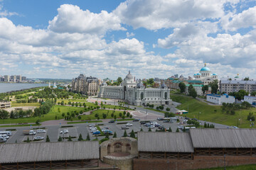 Kazan, panoramic view of the Park of Farmers and the Palace of Farmers, photo was taken on a sunny summer day