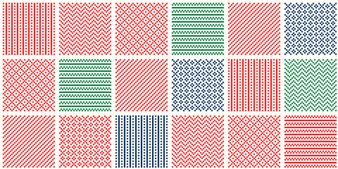 Abstract Checkered Pixel Patterns. Composition of 6 Christmas Holidays Ornaments. Scheme for Patchwork Quilt or Knitted Sweater Pattern Design .