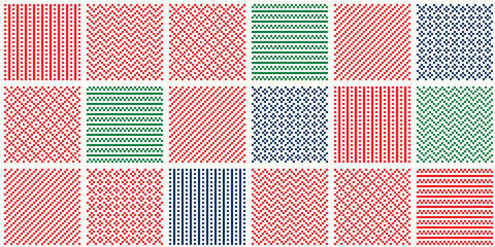 Abstract Checkered Pixel Patterns. Composition of 6 Christmas Holidays Ornaments. Scheme for Patchwork Quilt or Knitted Sweater Pattern Design .