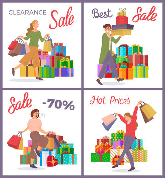Set of illustrations on the theme of the holiday sale and hot prices. Happy people buy gifts for the holiday. The group with packages with purchases in their hands. Big boxes on the background