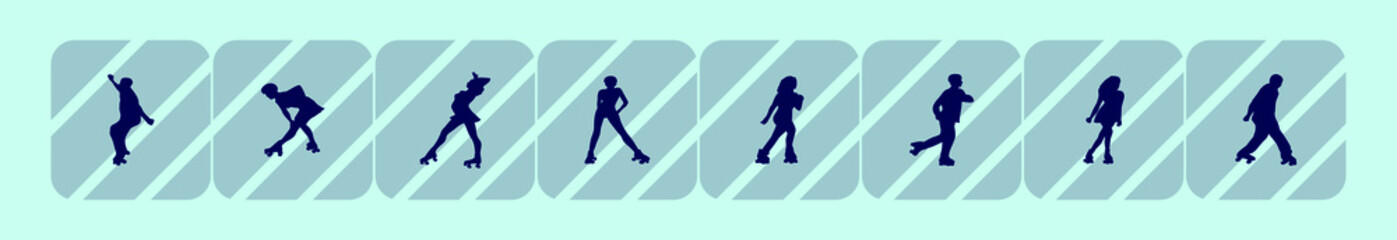 Flat style illustration of roller skates. Cute illustration of running girl and boy. Cartoon character on blue background