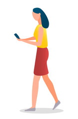 Young woman holding tablet pc or smartphone, electronic device with touch screen. Female character manager going side view holding e-book, device for internet surfing, typing on telephone screen