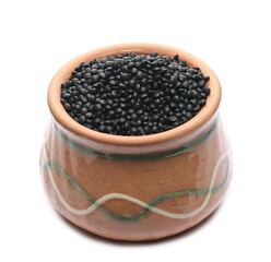 Fototapeta na wymiar Black beluga lentils in clay pot, bowl isolated on white background