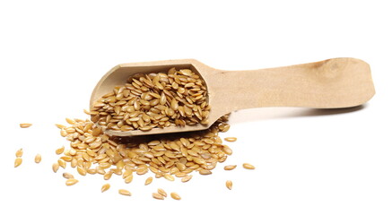 Golden linseed, linen seeds pile with wooden spoon isolated on white background