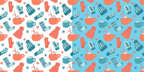 Set vector seamless patterns with knitted warm clothes, hot drinks. Hats, mittens, socks on light blue and white. Winter or Christmas textile. Great for kids or baby fabrics, wrapping papers, covers.