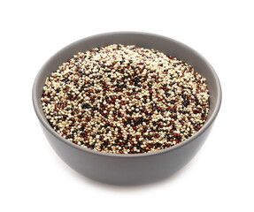 Tri-color quinoa seeds blend in porcelain bowl isolated on white background, top view