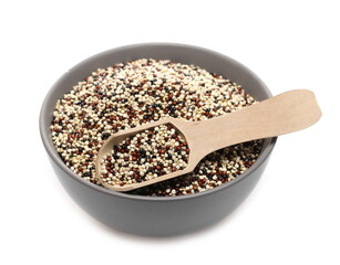 Tri-color quinoa seeds blend in porcelain bowl with wooden spoon isolated on white background, top view