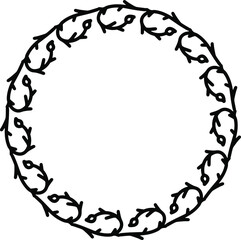 Black Doodle Hand Drawn Decorative Outlined Wreath Branche Herbs Plants Leaves Flowers Florals. Vector Illustration Frames Circles Around Brush Festive Easter Greeting Card. Printable Logo Icon Design