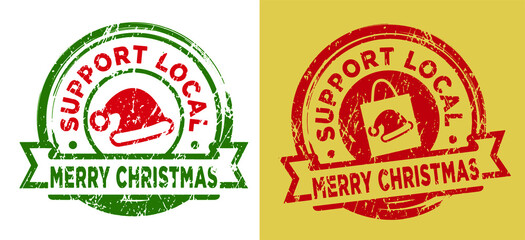 Support local with Merry Christmas greetings stamps. Grunge texture. Vector illustration.