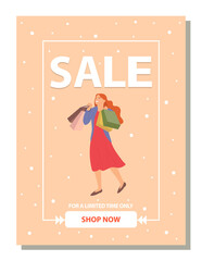 Limited-time store sale announcement. Woman with shopping bags on the photo is smiling happily. Young beautiful happy girl picks up multi-colored packages and rejoices on the postcard cover