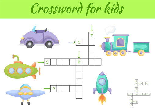 Crosswords game for children with pictures. Kids activity worksheet colorful printable version. Educational game for study English words. Includes answers. Flat vector stock illustration.