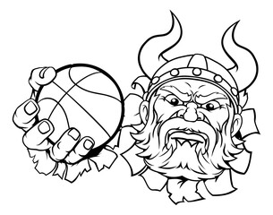 A viking basketball sports mascot cartoon character holding a ball