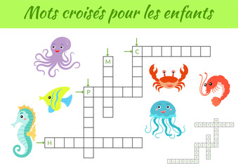 Mots croisés pour les enfants Crossword for kids. Crossword game with pictures. Kids activity worksheet colorful printable version. Educational game for study French words. Vector stock illustration.