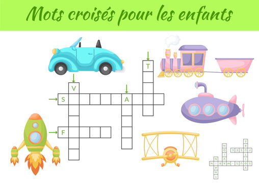 Mots croisés pour les enfants Crossword for kids. Crossword game with pictures. Kids activity worksheet colorful printable version. Educational game for study French words. Vector stock illustration.