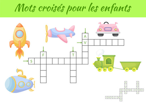 Mots crois&eacute;s pour les enfants Crossword for kids. Crossword game with pictures. Kids activity worksheet colorful printable version. Educational game for study French words. Vector stock illustration.