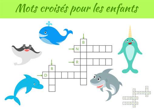 Mots croisés pour les enfants Crossword for kids. Crossword game with pictures. Kids activity worksheet colorful printable version. Educational game for study French words. Vector stock illustration.