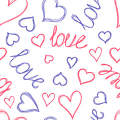 Hearts and love. Seamless pattern. Hand drawn vector illustration. Pen or marker doodle sketch. Line art silhouettes. Repeat contour drawing