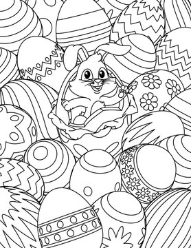 An Easter eggs cartoon coloring book black and white outline page background with a cute Easter Bunny breaking out of one