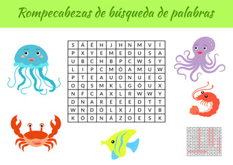 Rompecabezas de búsqueda de palabras - Word search puzzle. Educational game for study Spanish words. Kids activity worksheet colorful printable version with answers. Vector stock illustration