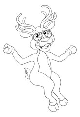A cool Christmas Santas reindeer in sunglasses cartoon character in seated position. With space beneath for item or sign to be seated on. In black and white outline like a coloring book page.