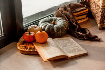 Home decoration. Style details indoor. Decorative pumpkin, stack of books, blanket in warm colours, home holiday concept on a winter or autumn day.