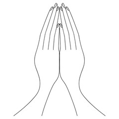 Hands folded in prayer. The palms are pointing up. Sketch. Vector illustration. Outline on an isolated white background. Coloring book for children. Doodle style. An appeal to God. 