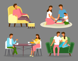 Family members spending time together at home. Mother, father and child playing with toy, resting, sitting on the couch and hugging, drink tea and coffee talking at the table. People engaged stay home